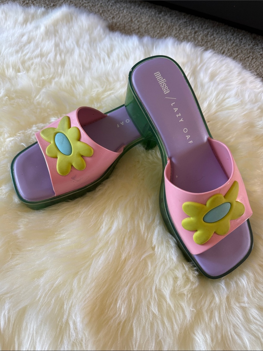 Melissa x lazy oaf Pink Slide Sandals with Yellow Flower and Lavender Footbed